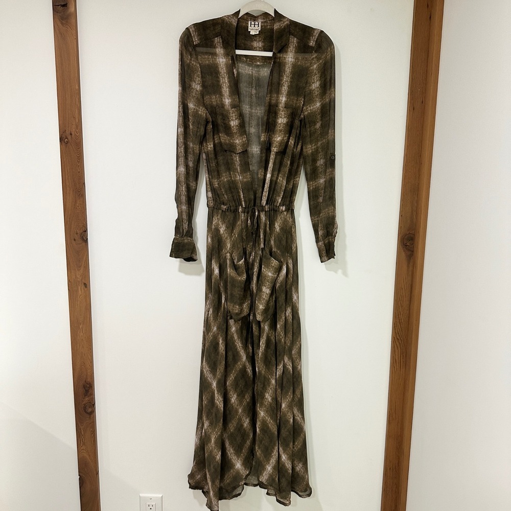 Haute Hippie Silk Maxi Duster Women L Plaid Sheer Open Front Jacket USA Made